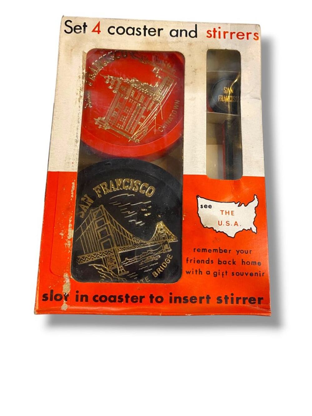 Vintage New Set of 4 Souvenir San Franscisco Coaster and Stirrers Golden Gate